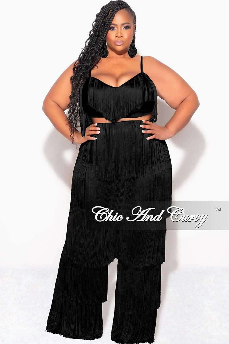 Active Design Wear Layered Style Final Sale Plus Size 2pc Fringe Layered Bra Top and Pants Set In Black
