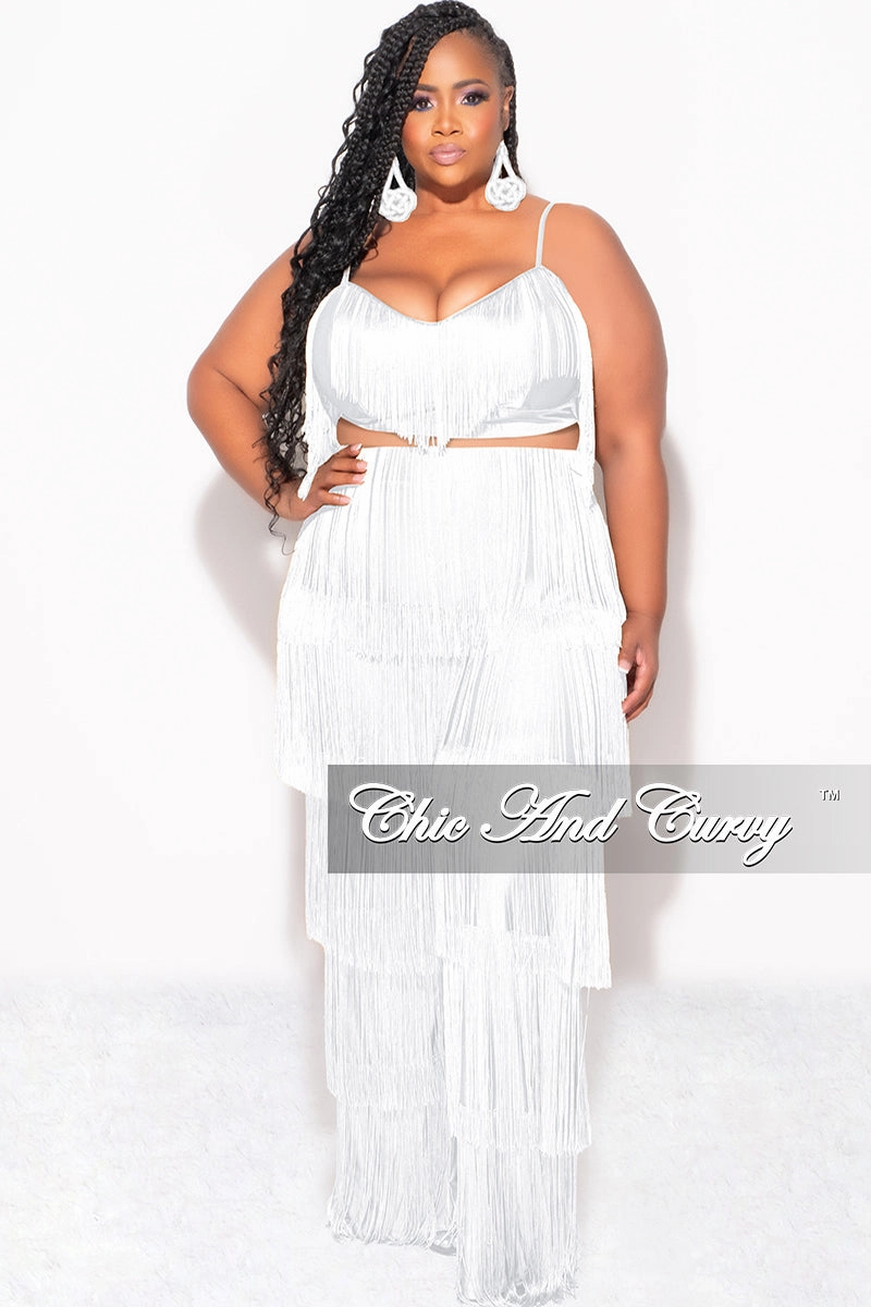 NonChafingEdges Final Sale Plus Size 2pc Fringe Layered Bra Top and Pants Set In White