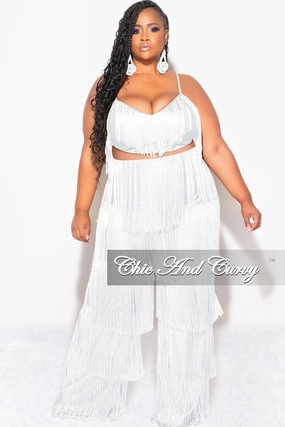 Final Sale Plus Size 2pc Fringe Layered Bra Top and Pants Set In White AllDayComfort