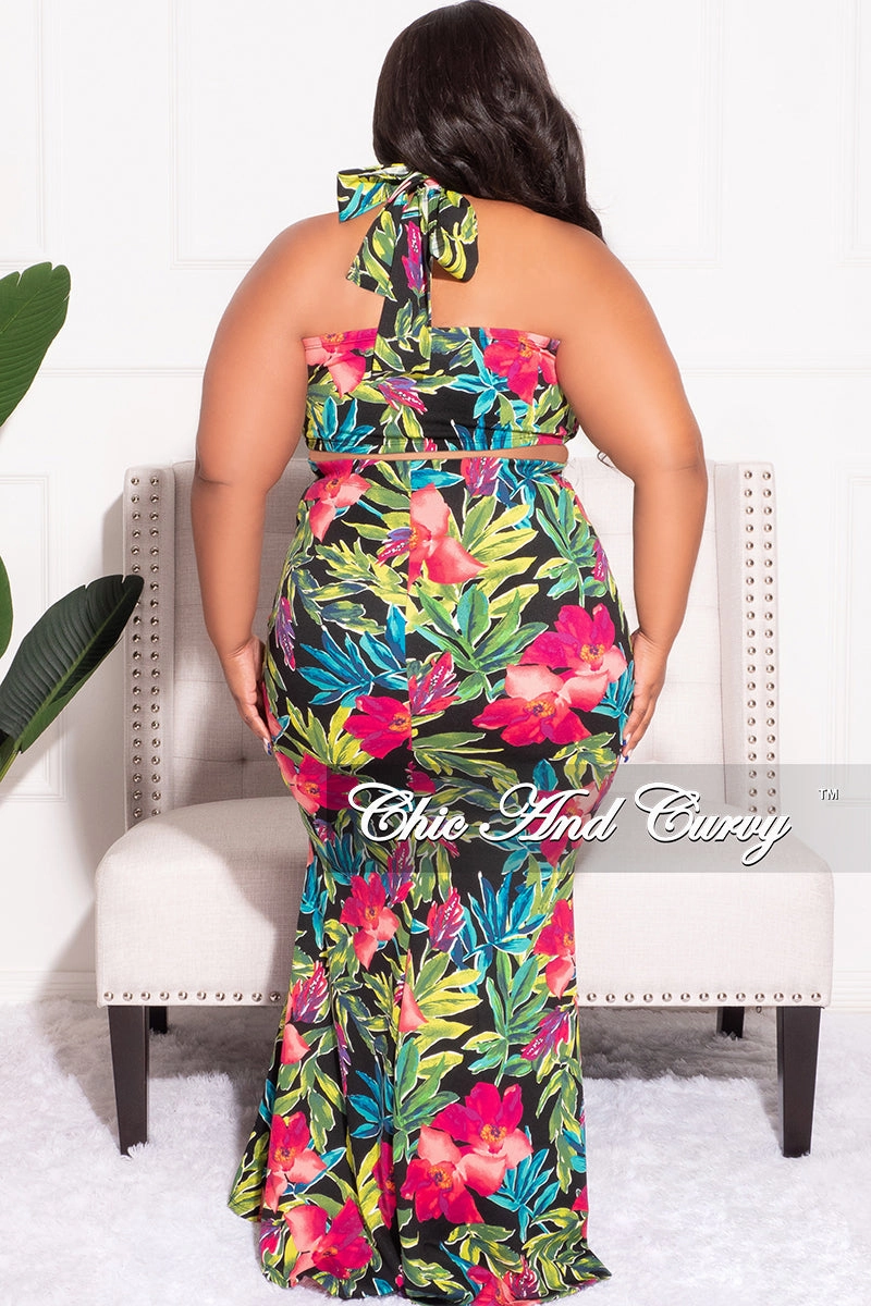 Minimalist Look Final Sale Plus Size 2pc Halter Crop Tie Top and Maxi Skirt Set in Fuchsia & Black Floral Print