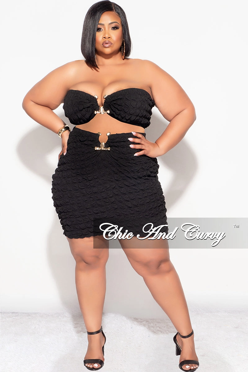 Final Sale Plus Size 2pc Honeycomb Texture Strapless Top and Skirt Set in Black Multi-Purpose Wear Form Fit Comfort