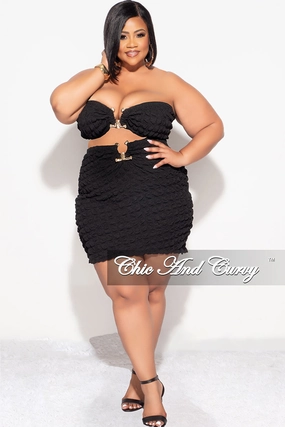 NoiseReducingFabric Office Friendly Final Sale Plus Size 2pc Honeycomb Texture Strapless Top and Skirt Set in Black