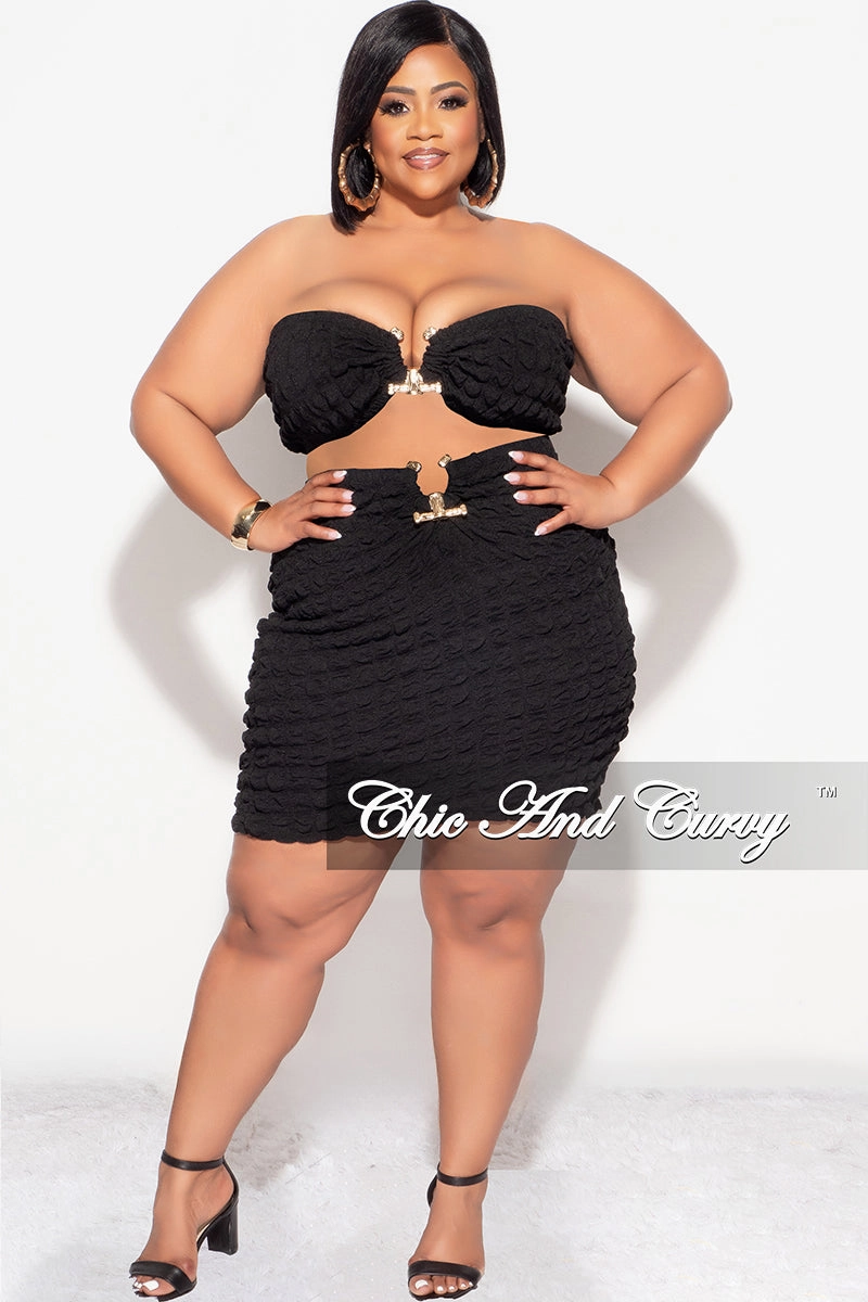 Built-in shorts Soft Brush Lining Final Sale Plus Size 2pc Honeycomb Texture Strapless Top and Skirt Set in Black