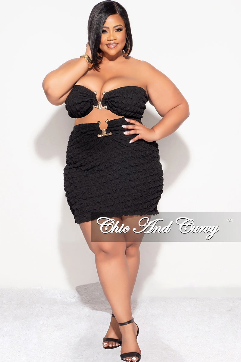 Final Sale Plus Size 2pc Honeycomb Texture Strapless Top and Skirt Set in Black NonBindingWaistline Light Waist