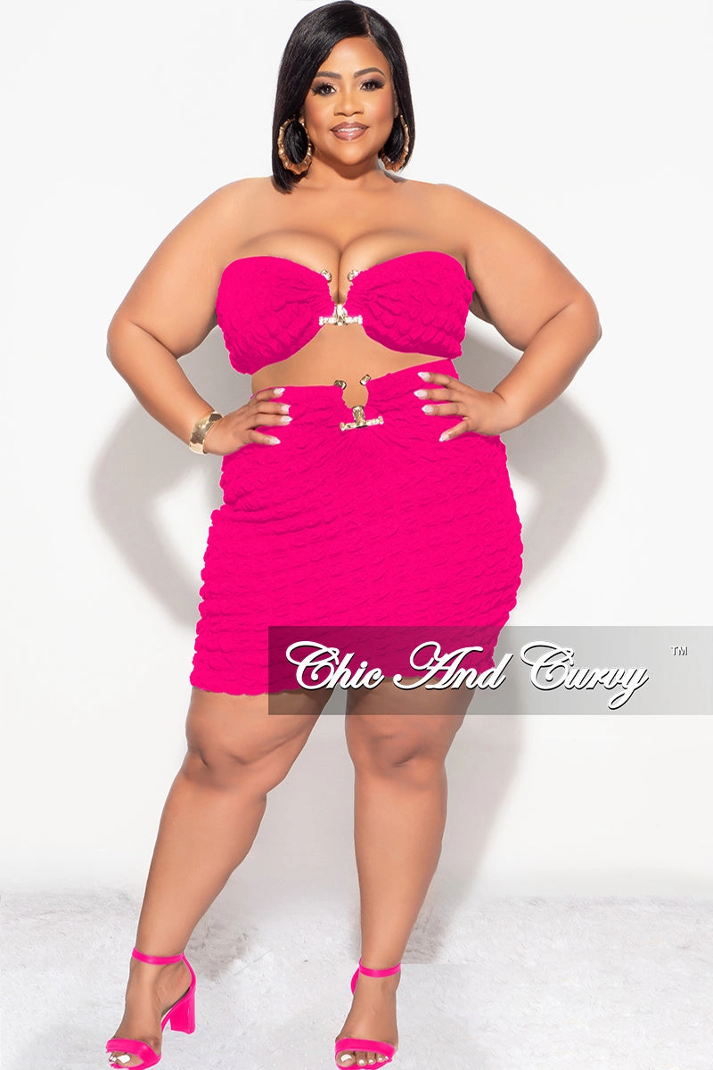Final Sale Plus Size 2pc Honeycomb Texture Strapless Top and Skirt Set in Fuchsia Skinny Fit