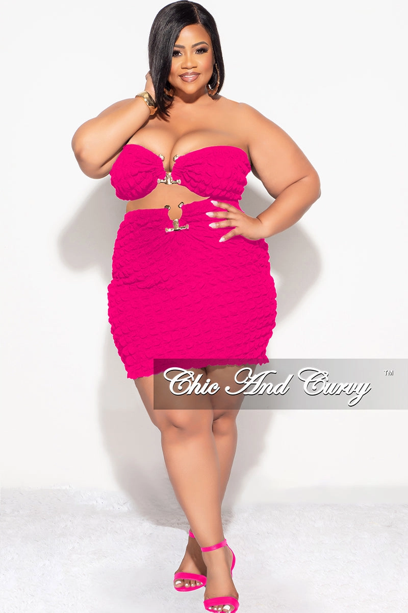 Final Sale Plus Size 2pc Honeycomb Texture Strapless Top and Skirt Set in Fuchsia Tear Resistant Weave Utility Style