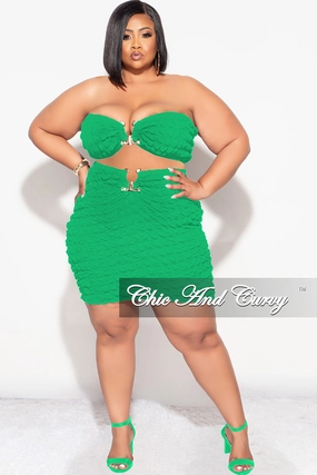 Final Sale Plus Size 2pc Honeycomb Texture Strapless Top and Skirt Set in Green Practical Style