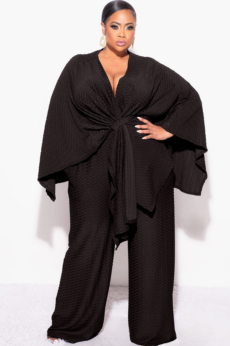 Final Sale Plus Size 2pc Honeycomb Texture Top and Pants Set in Black Flexible Wear Stretch Flex