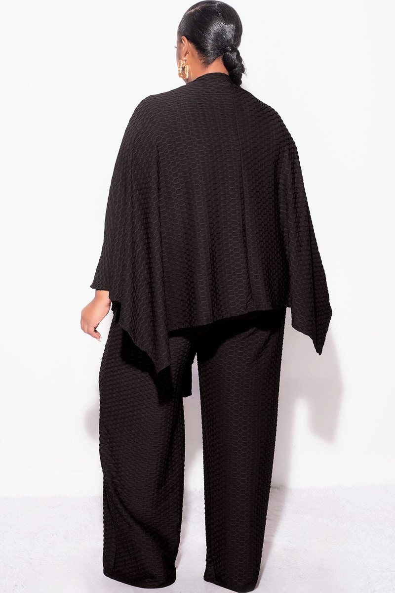Final Sale Plus Size 2pc Honeycomb Texture Top and Pants Set in Black Day-to-Day Wear Thermal Insulation Layer