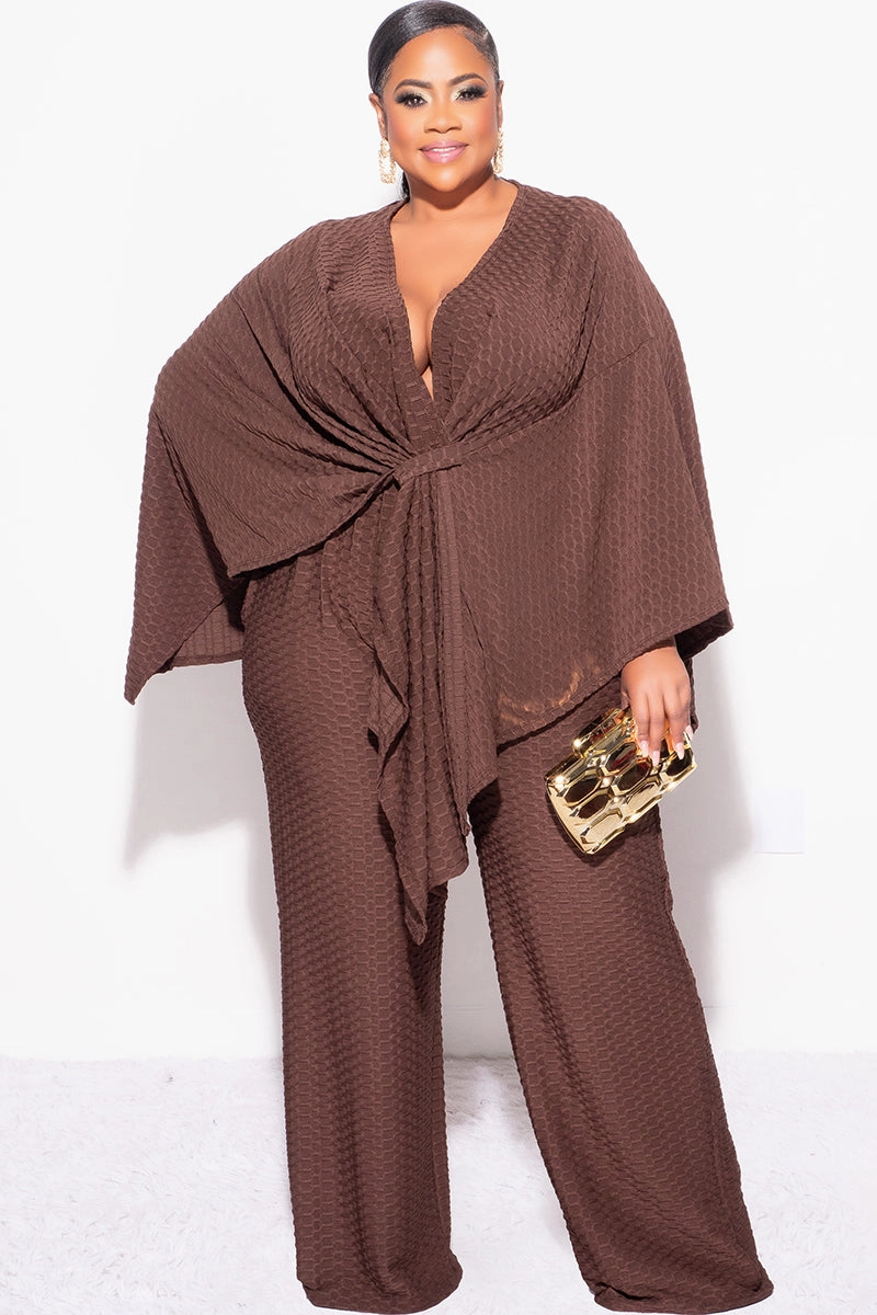 Final Sale Plus Size 2pc Honeycomb Texture Top and Pants Set in Brown Flat Seams Cool Weather