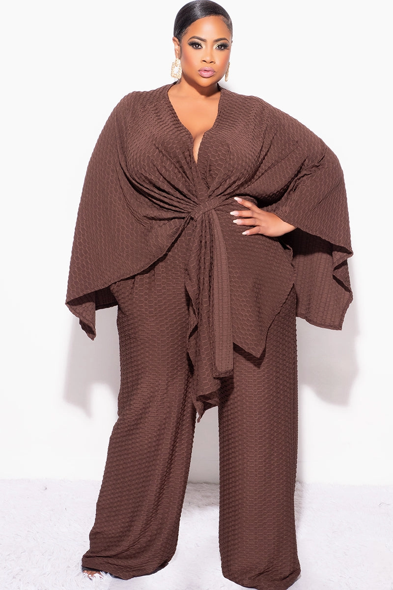 Final Sale Plus Size 2pc Honeycomb Texture Top and Pants Set in Brown Street Inspired
