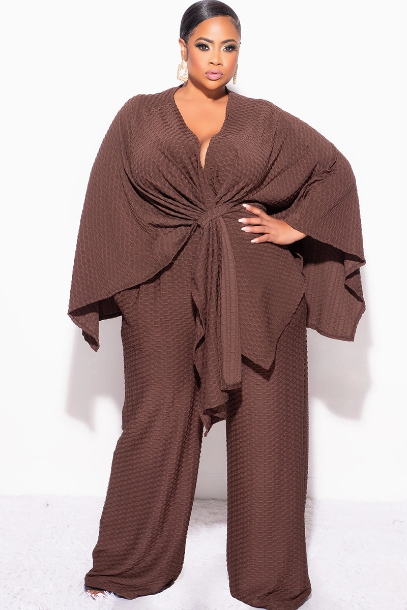 Final Sale Plus Size 2pc Honeycomb Texture Top and Pants Set in Brown Low Profile Waistband Mid Rise