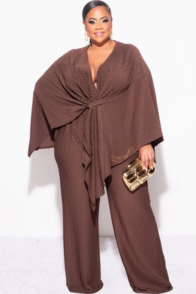 Final Sale Plus Size 2pc Honeycomb Texture Top and Pants Set in Brown Lounge-friendly Neutral Shade