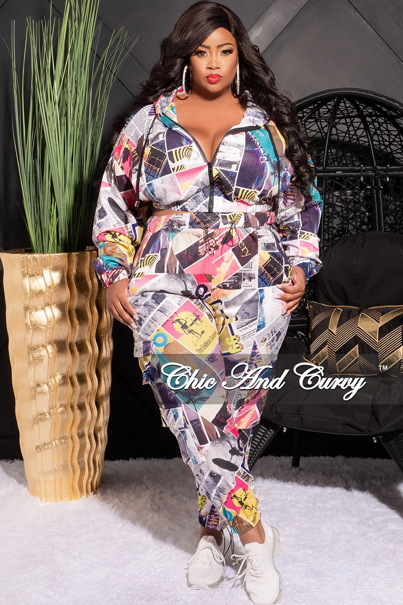 Final Sale Plus Size 2pc Hooded Crop Zip Up Jacket and Jogger Pants Set in Yellow, Pink and Mustard Multi Color Print Relaxed Lines