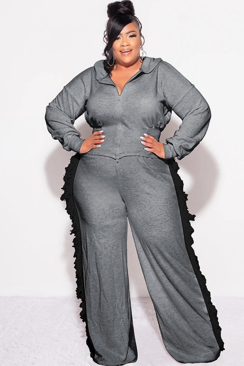 Final Sale Plus Size 2pc Hooded Pant Set in Charcoal with Black Tassels Anti Friction Lining Anti Pilling Finish