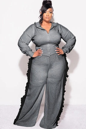 ElasticWaist Stretch Movement Final Sale Plus Size 2pc Hooded Pant Set in Charcoal with Black Tassels