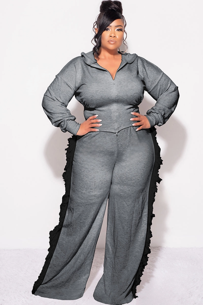 Windproof Design Final Sale Plus Size 2pc Hooded Pant Set in Charcoal with Black Tassels