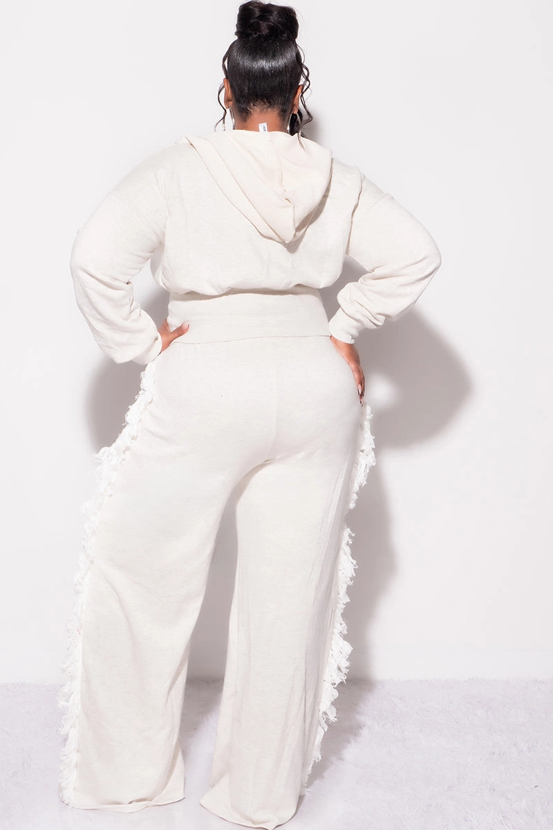 Comfy Movement Final Sale Plus Size 2pc Hooded Tassel Pant Set in Ivory Grey