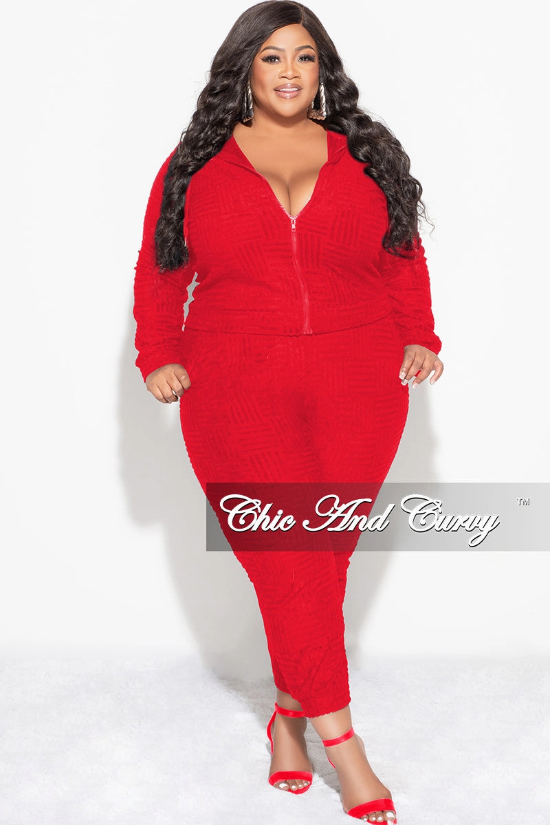 Final Sale Plus Size 2pc Hooded Zip-Up Jacket and Pants Set in Red luxe feel