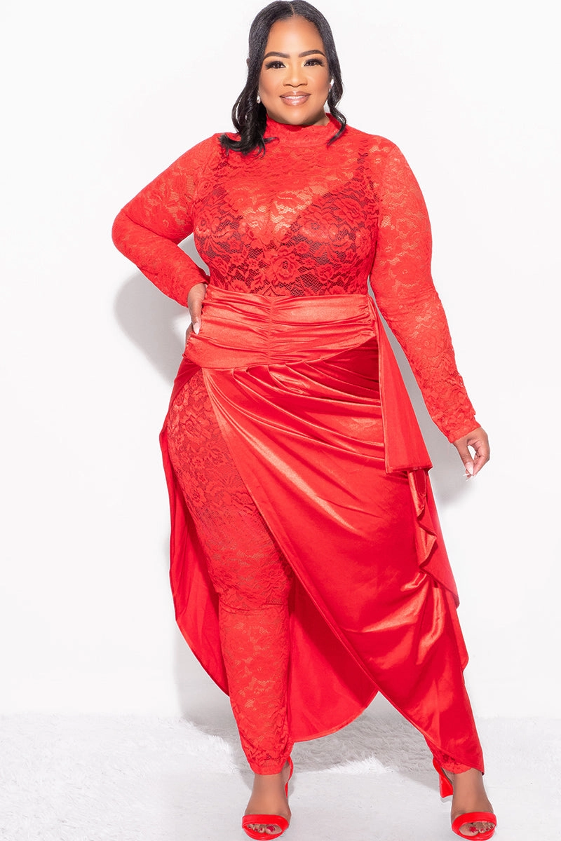 Performance Design Fit Comfortable Fashion Final Sale Plus Size 2pc Lace Jumpsuit Set with Satin Skirt in Red