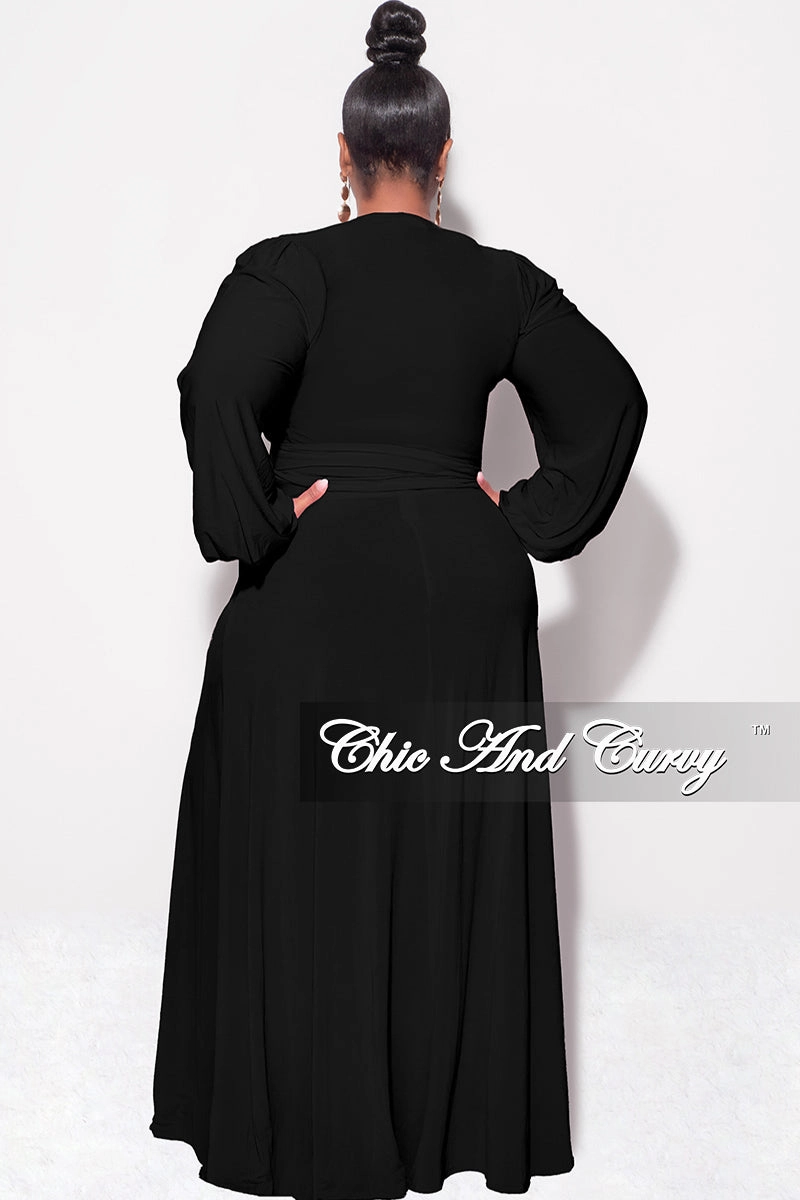 Final Sale Plus Size 2pc Long Sleeve Crop Tie Top and Skirt Set in Black Dynamic Flex Panels