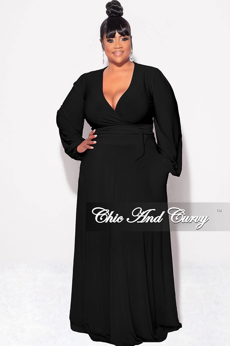 Final Sale Plus Size 2pc Long Sleeve Crop Tie Top and Skirt Set in Black No Bunching