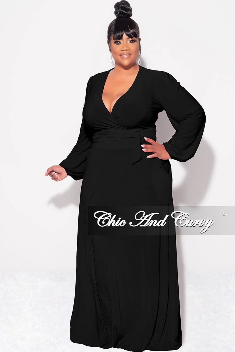 Final Sale Plus Size 2pc Long Sleeve Crop Tie Top and Skirt Set in Black Cozy Layer