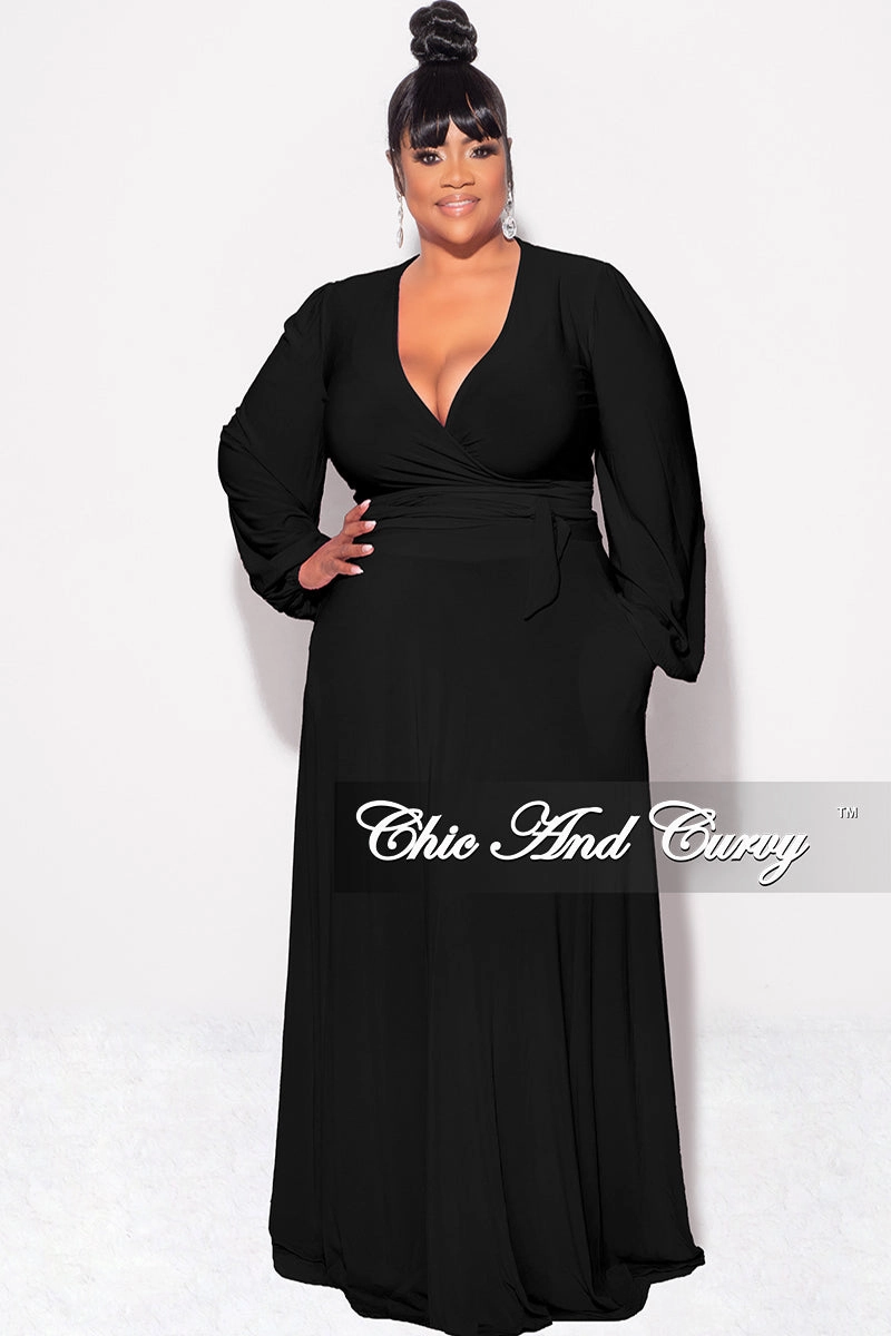 Final Sale Plus Size 2pc Long Sleeve Crop Tie Top and Skirt Set in Black Minimal Comfort