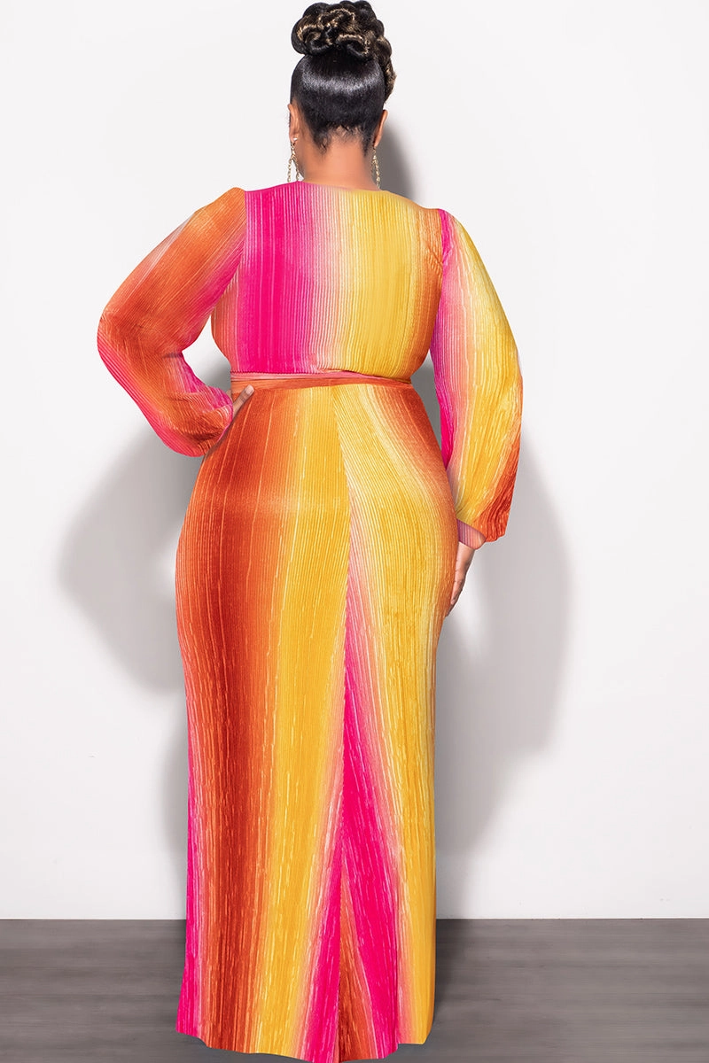 Functional Ease Final Sale Plus Size 2pc Long Sleeve Crop Tie Top and Skirt Set in Pleated Mustard & Fuchsia