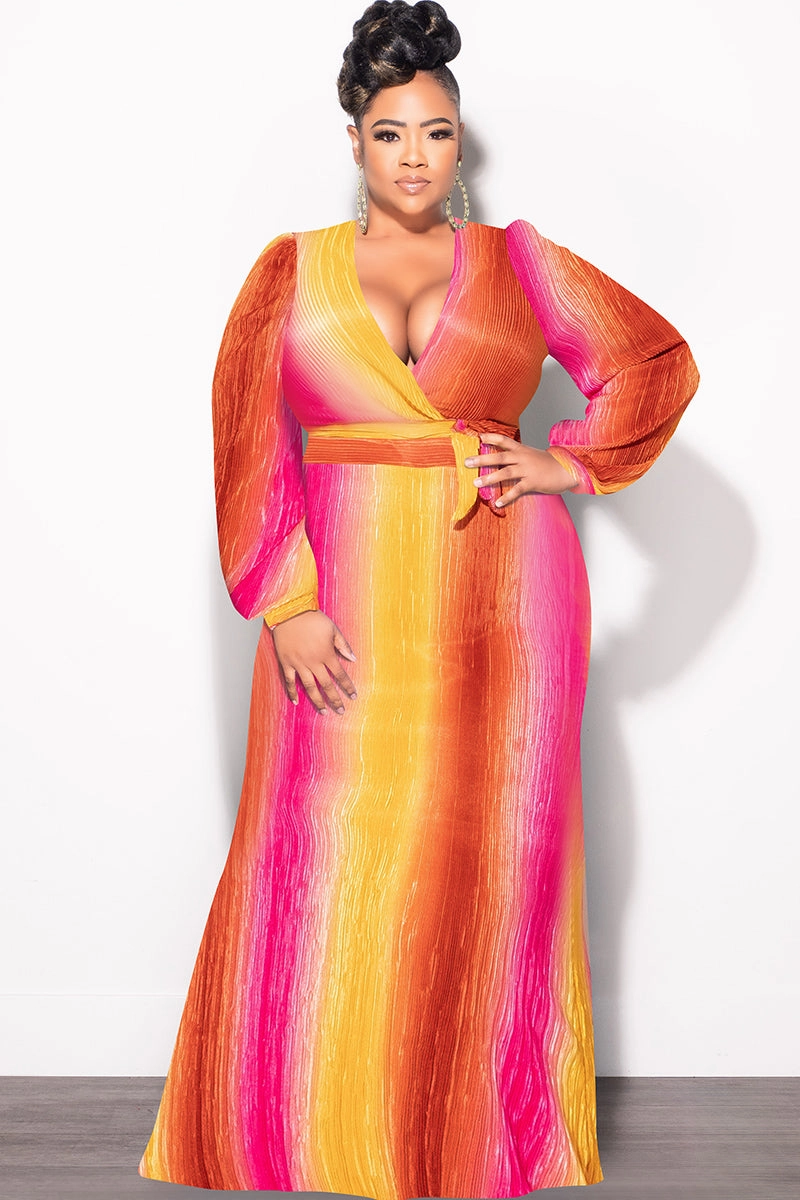 UVProtectiveLayer Stretch Support Fit Final Sale Plus Size 2pc Long Sleeve Crop Tie Top and Skirt Set in Pleated Mustard & Fuchsia