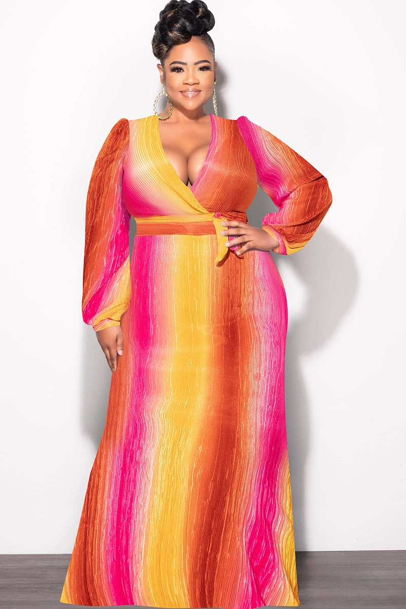 Final Sale Plus Size 2pc Long Sleeve Crop Tie Top and Skirt Set in Pleated Mustard & Fuchsia Active Utility PermeableCloth