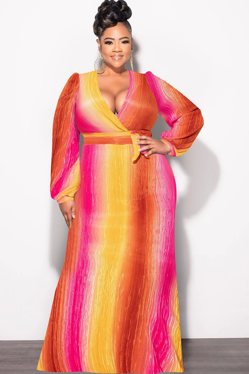 Comfort Layer Wear Final Sale Plus Size 2pc Long Sleeve Crop Tie Top and Skirt Set in Pleated Mustard & Fuchsia