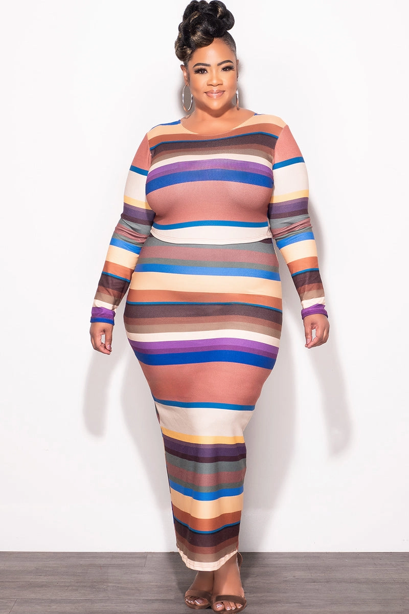 Hygienic Inner Layer Final Sale Plus Size 2pc Long Sleeve Crop Top and Skirt Set in Multi Color Stripe Print