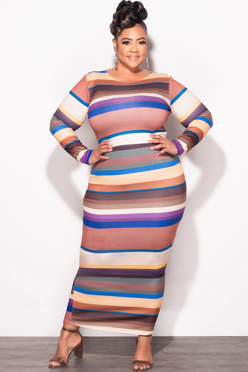 Wrinkle Resistant Finish Final Sale Plus Size 2pc Long Sleeve Crop Top and Skirt Set in Multi Color Stripe Print