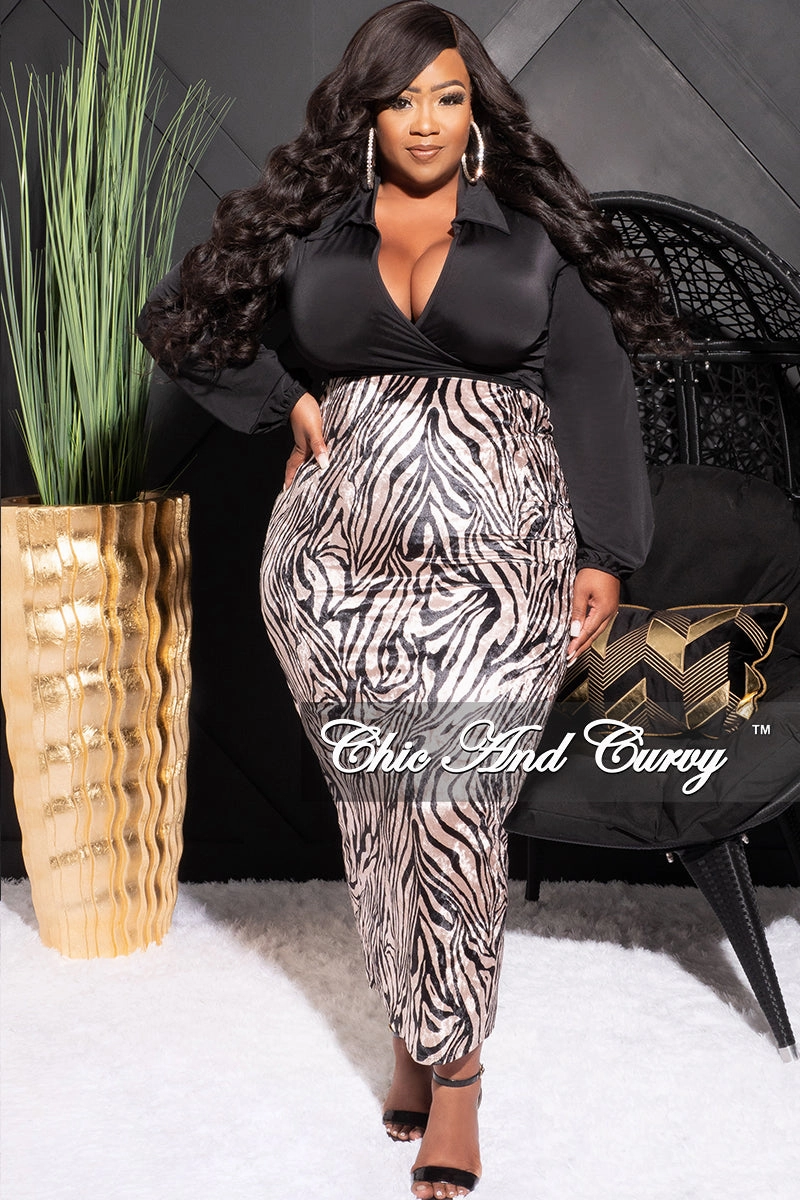 Final Sale Plus Size 2pc Long Sleeve Faux Wrap Collar Black Crop Tie Top and Skirt Set in Velvet Zebra Print Casual Chic