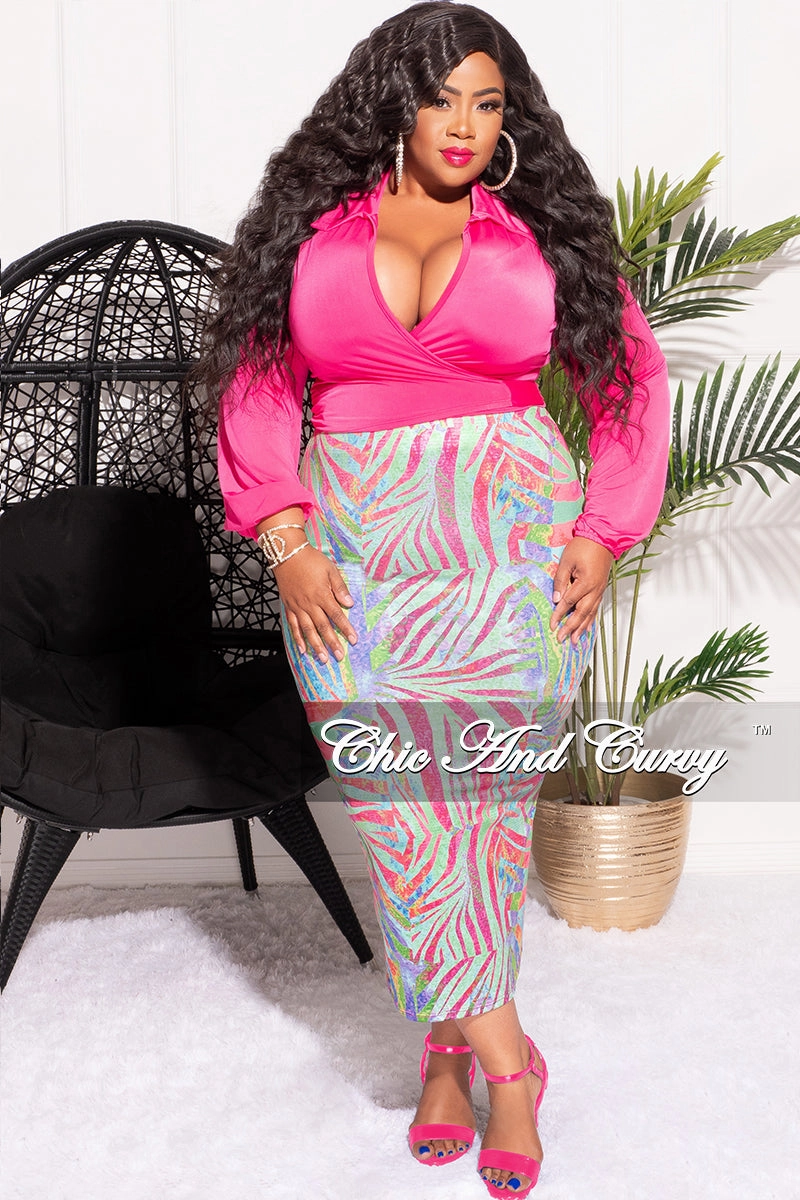 Final Sale Plus Size 2pc Long Sleeve Faux Wrap Collar Fuchsia Crop Tie Top and Skirt Set in Multi Color Print FunctionalZipper