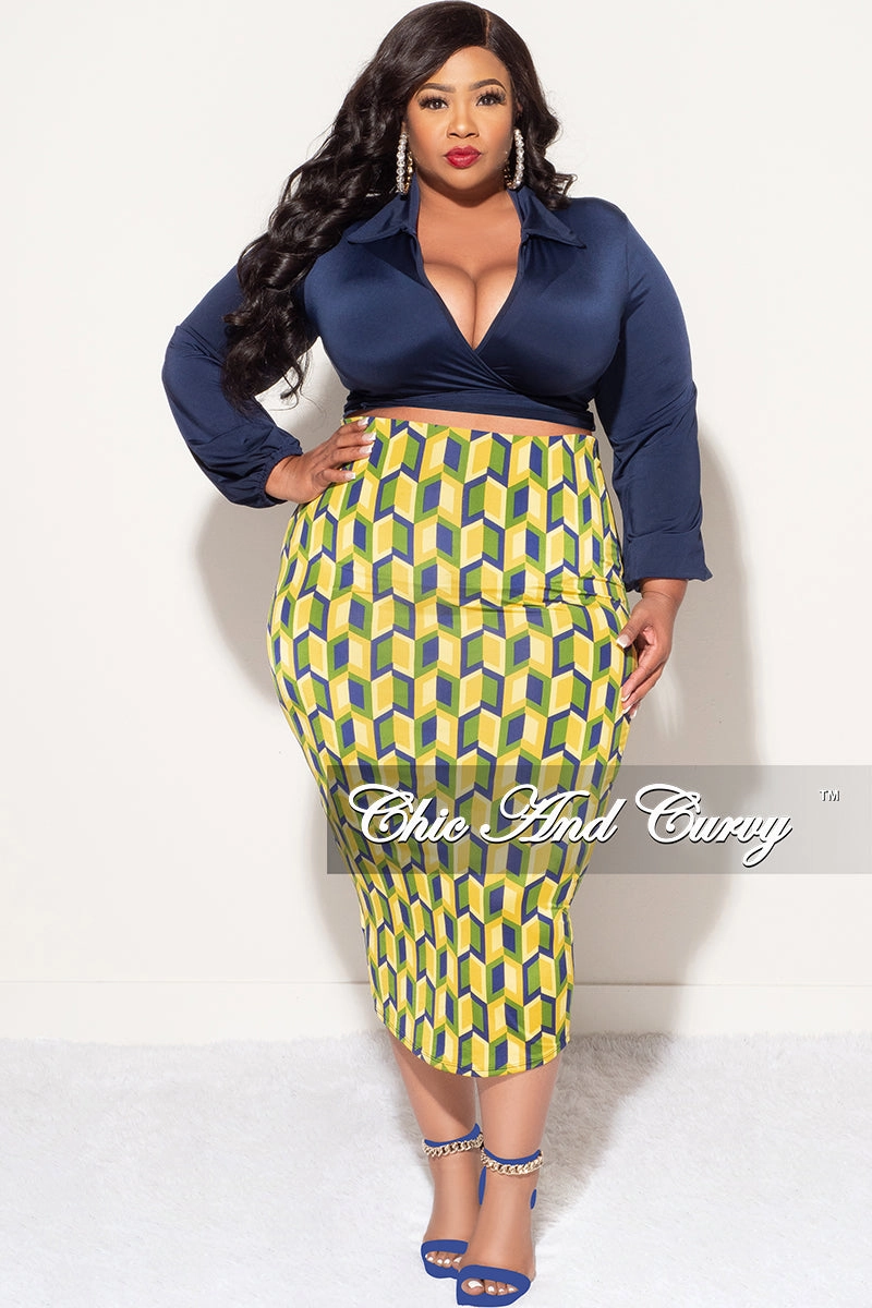 Final Sale Plus Size 2pc Long Sleeve Faux Wrap Collar Navy Crop Tie Top and Skirt Set in Yellow Multi Color Print Versatile Design Active Comfort Wear