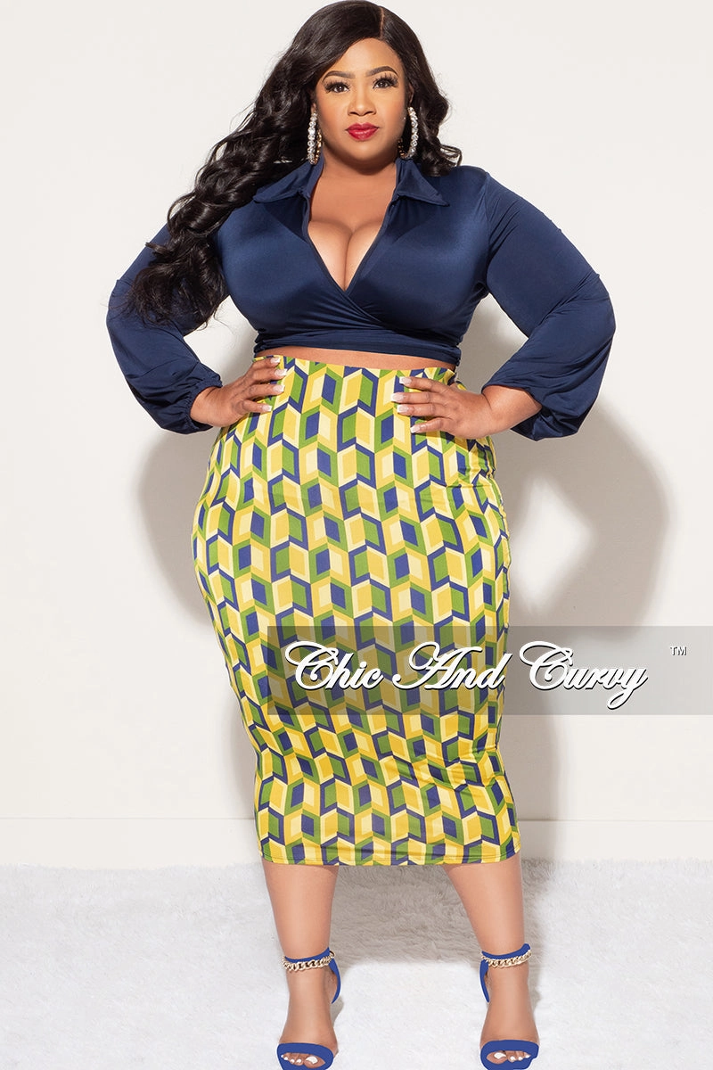 Final Sale Plus Size 2pc Long Sleeve Faux Wrap Collar Navy Crop Tie Top and Skirt Set in Yellow Multi Color Print Everyday Flex