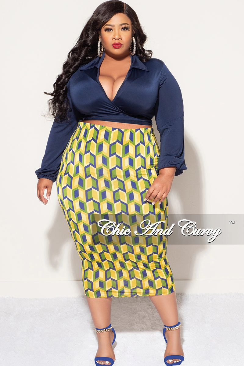 Final Sale Plus Size 2pc Long Sleeve Faux Wrap Collar Navy Crop Tie Top and Skirt Set in Yellow Multi Color Print Stretch Flex Flex Wear Design