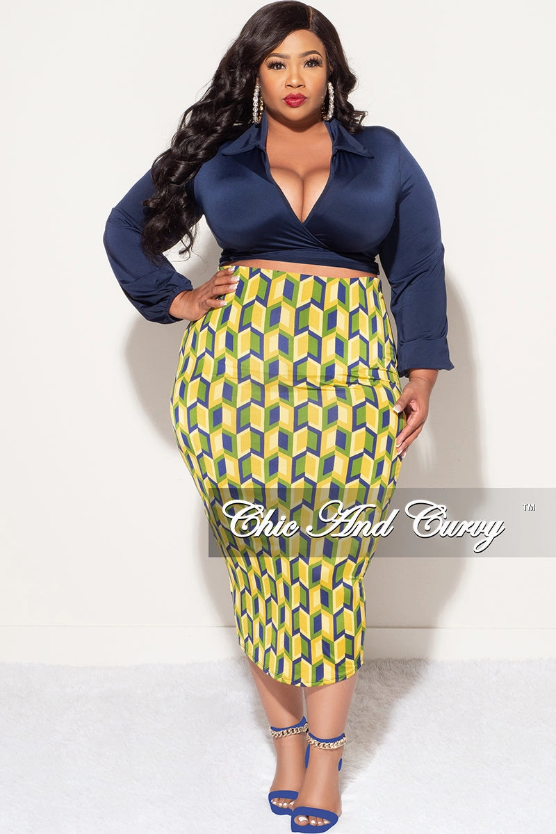 Stylish Layers Final Sale Plus Size 2pc Long Sleeve Faux Wrap Collar Navy Crop Tie Top and Skirt Set in Yellow Multi Color Print