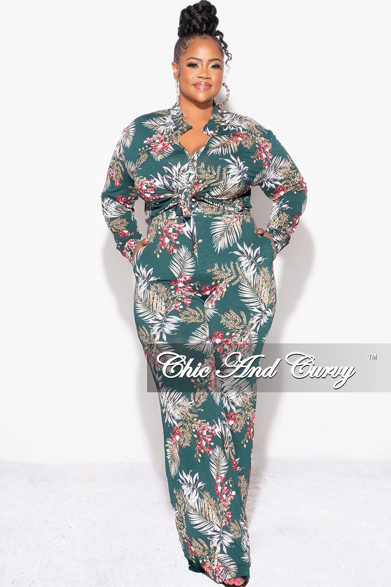 Final Sale Plus Size 2pc Long Sleeved Button Up Shirt and Pants Set in Forest Green & Cranberry Roomy Shape Recycled Polyester Blend