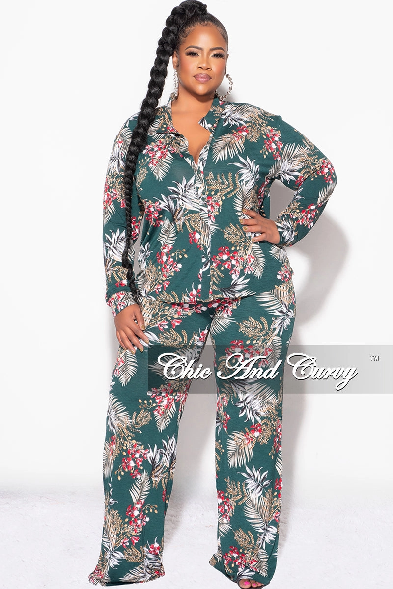 Final Sale Plus Size 2pc Long Sleeved Button Up Shirt and Pants Set in Forest Green & Cranberry HiddenPockets