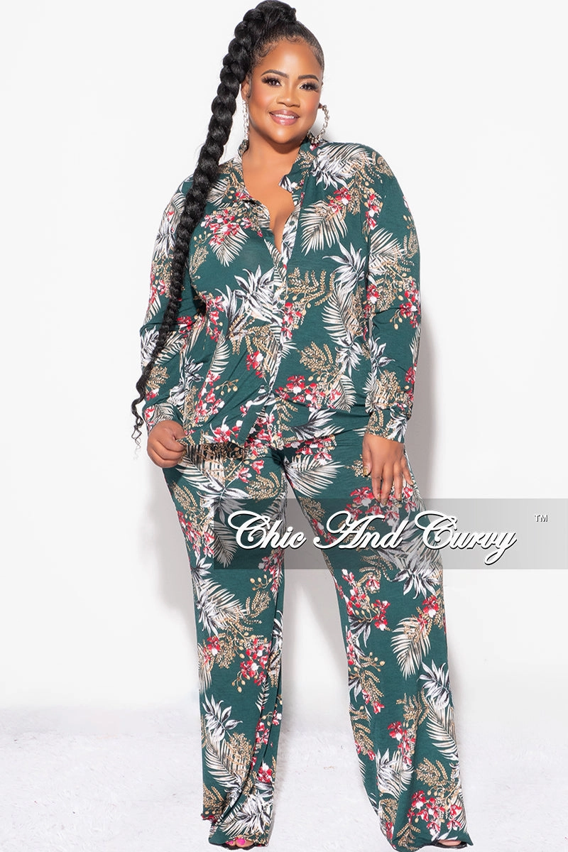 Sporty Layer stain resistant coating Final Sale Plus Size 2pc Long Sleeved Button Up Shirt and Pants Set in Forest Green & Cranberry