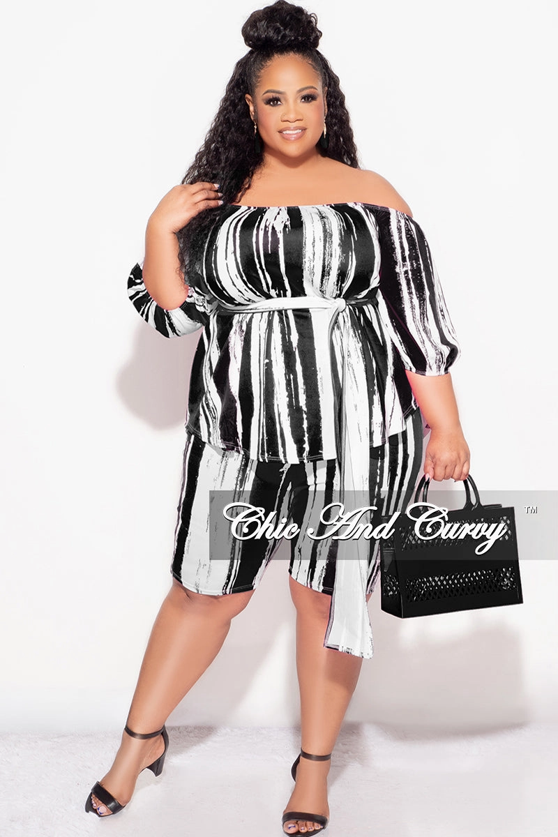 Clean Cut Final Sale Plus Size 2pc Off the Shoulder Peplum Top and Bermuda Shorts Set in Black and White