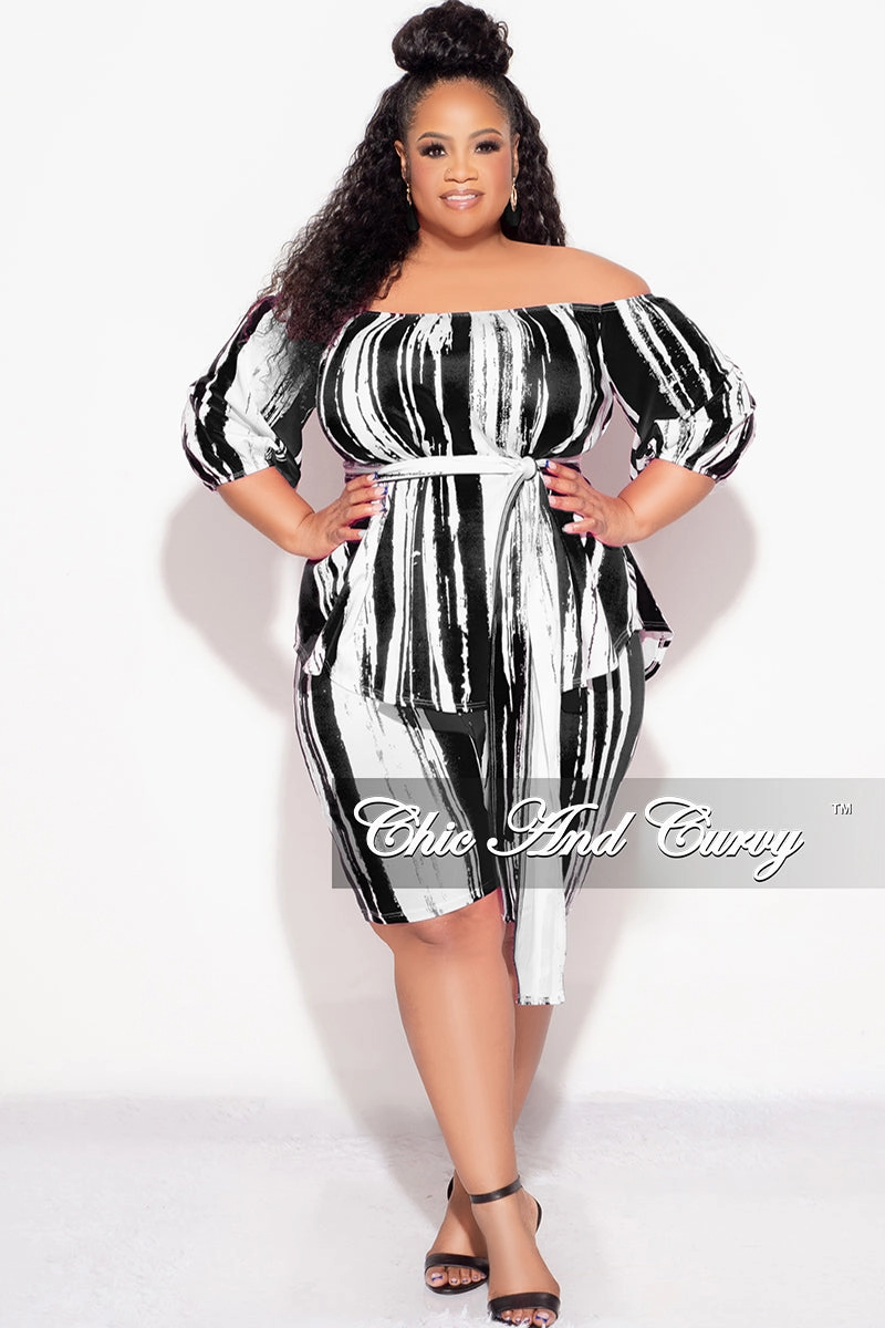Performance Wear Warm Fit Final Sale Plus Size 2pc Off the Shoulder Peplum Top and Bermuda Shorts Set in Black and White