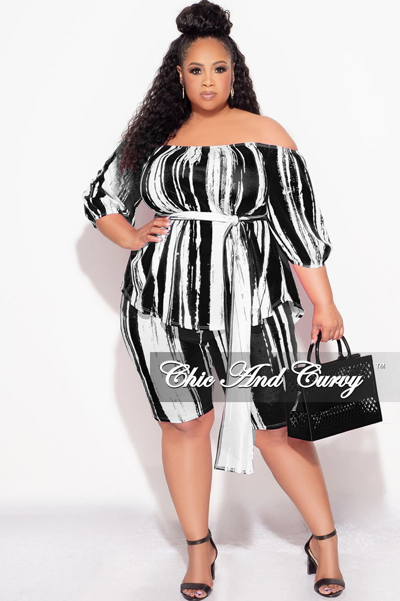 Final Sale Plus Size 2pc Off the Shoulder Peplum Top and Bermuda Shorts Set in Black and White Everyday Essential ElasticCuffs