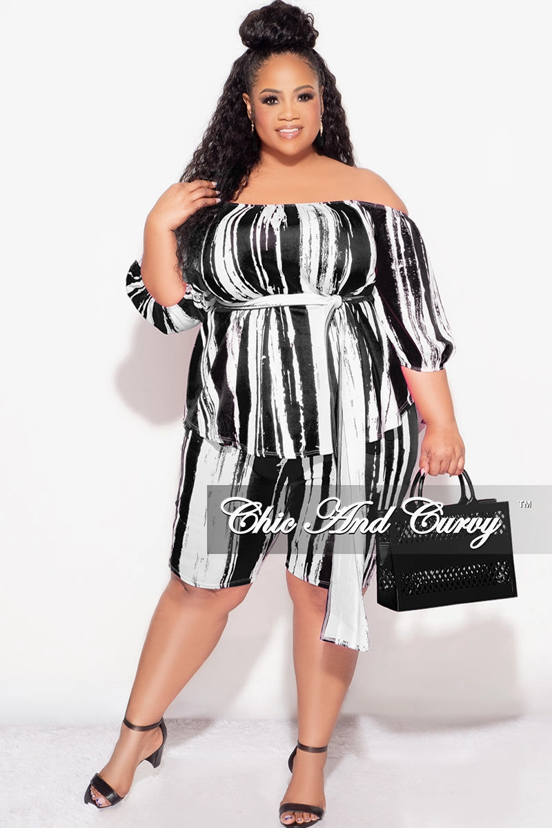 Final Sale Plus Size 2pc Off the Shoulder Peplum Top and Bermuda Shorts Set in Black and White Light Wear Fit Comfy Style