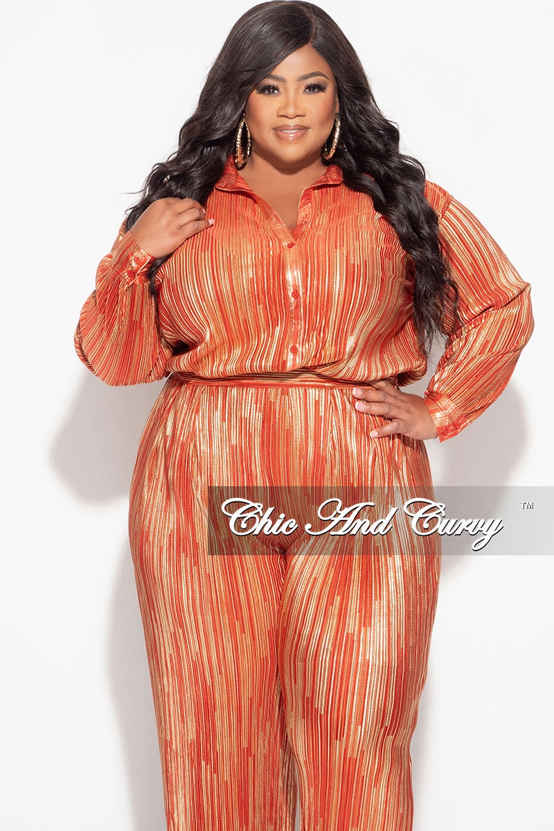 Flexibility Built-In Final Sale Plus Size 2pc Oversized Collar Button Up Top and Palazzo Pleated Pants in 2pc Set Rust and Gold