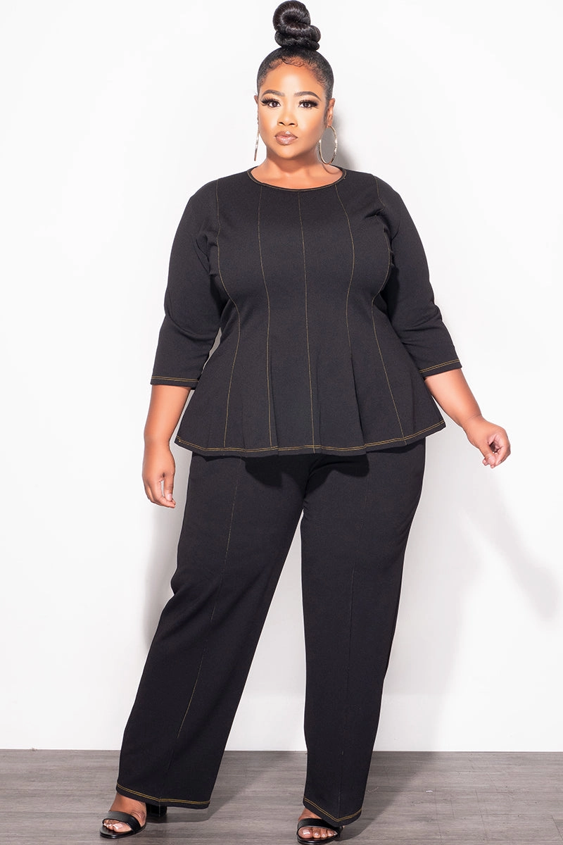 Final Sale Plus Size 2pc Peplum Top with 3/4 Sleeves and Pants Set in Black Heat Dissipating