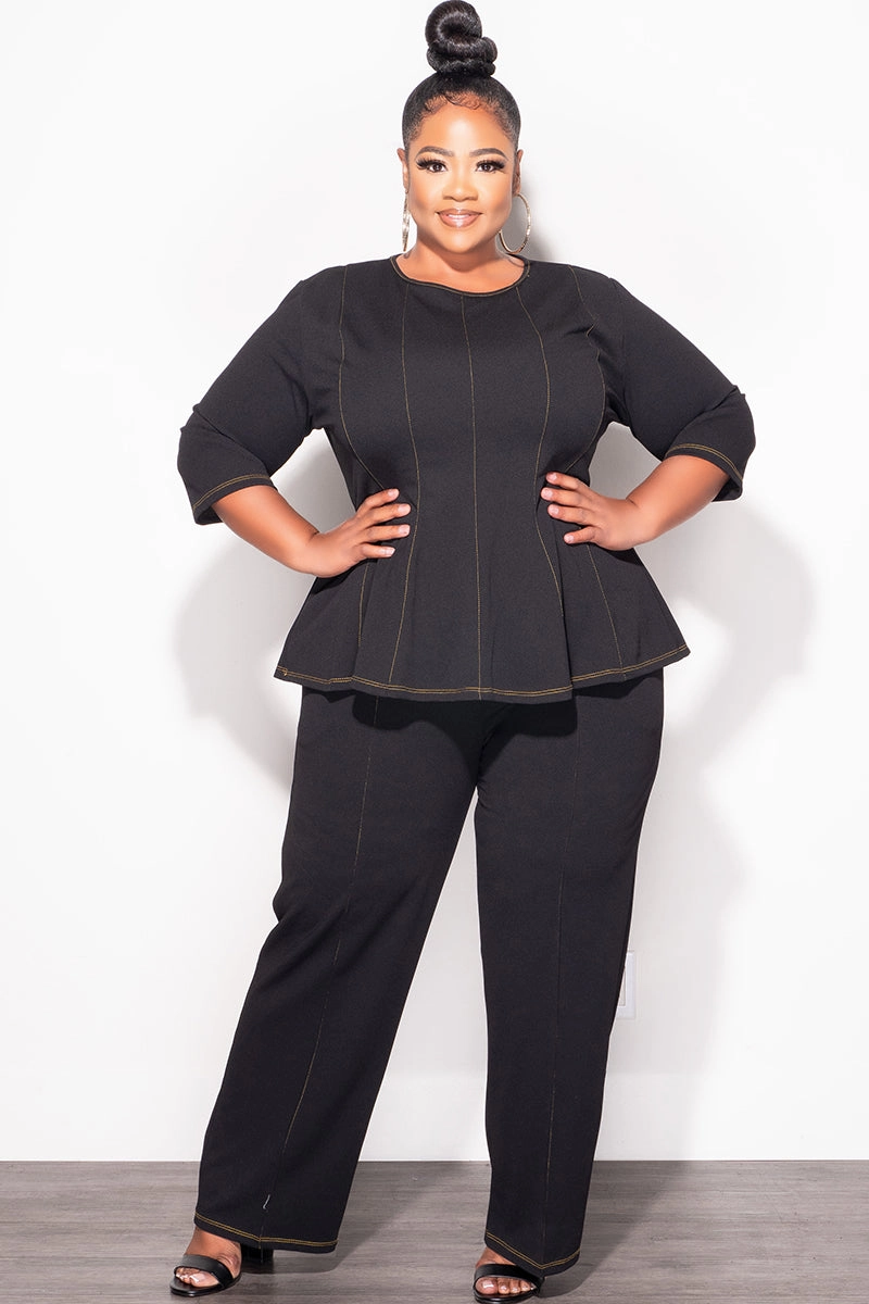 Final Sale Plus Size 2pc Peplum Top with 3/4 Sleeves and Pants Set in Black Ultra Soft Inner Layer